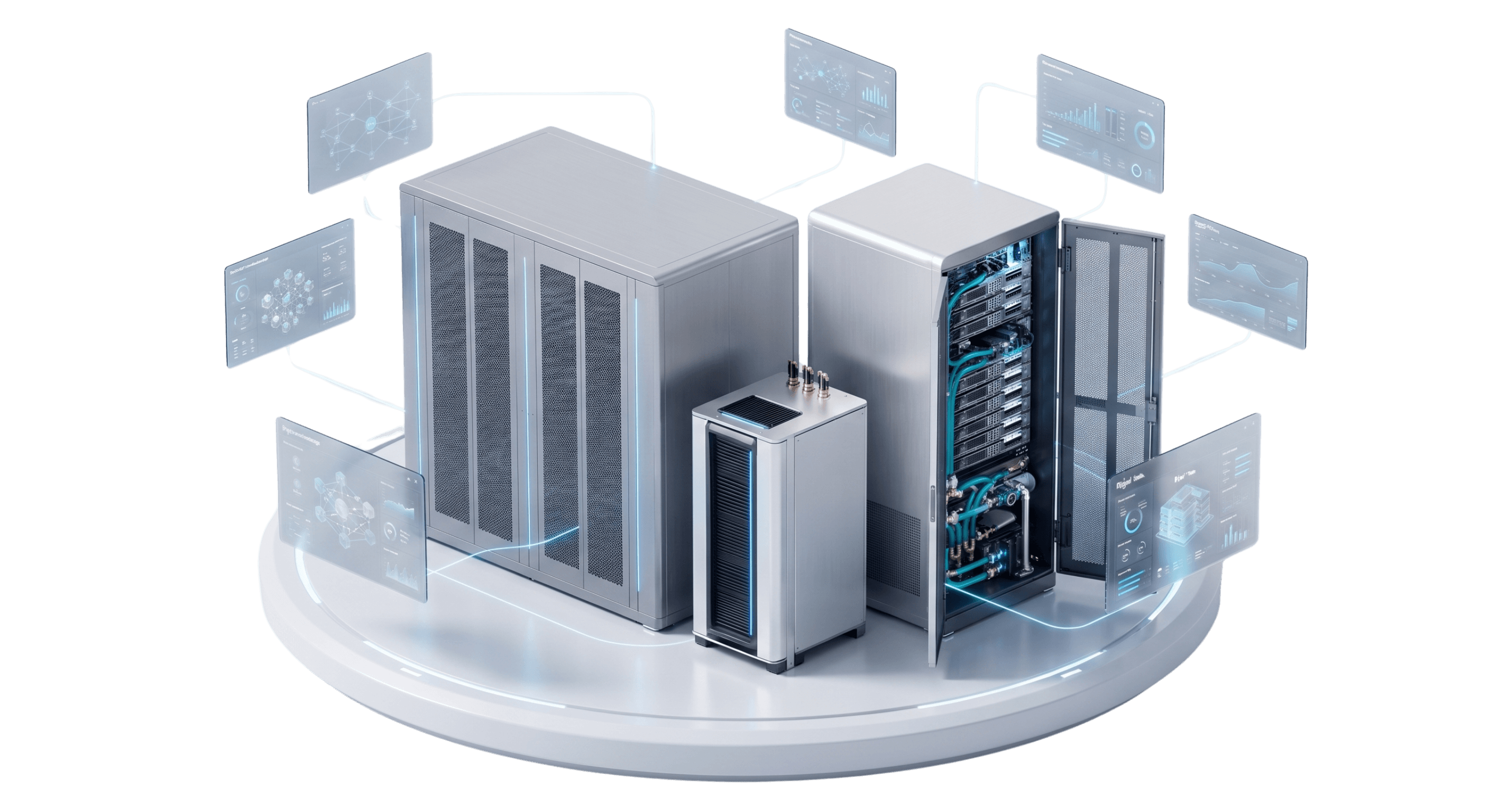 Equipos de infraestructura crítica rodeados de paneles de datos flotantes