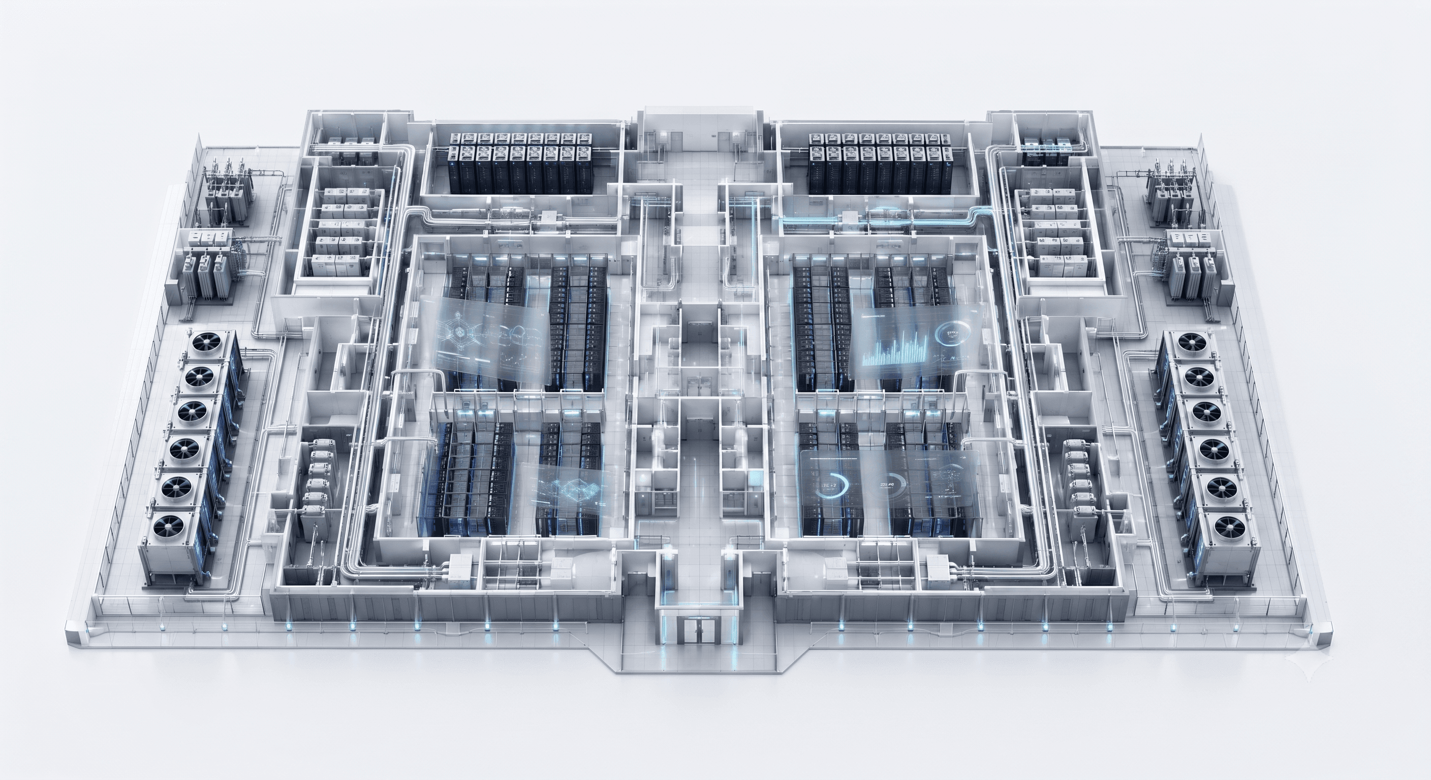 Centro de datos isométrico con rutas eléctricas independientes, enfriamiento redundante y racks de doble alimentación