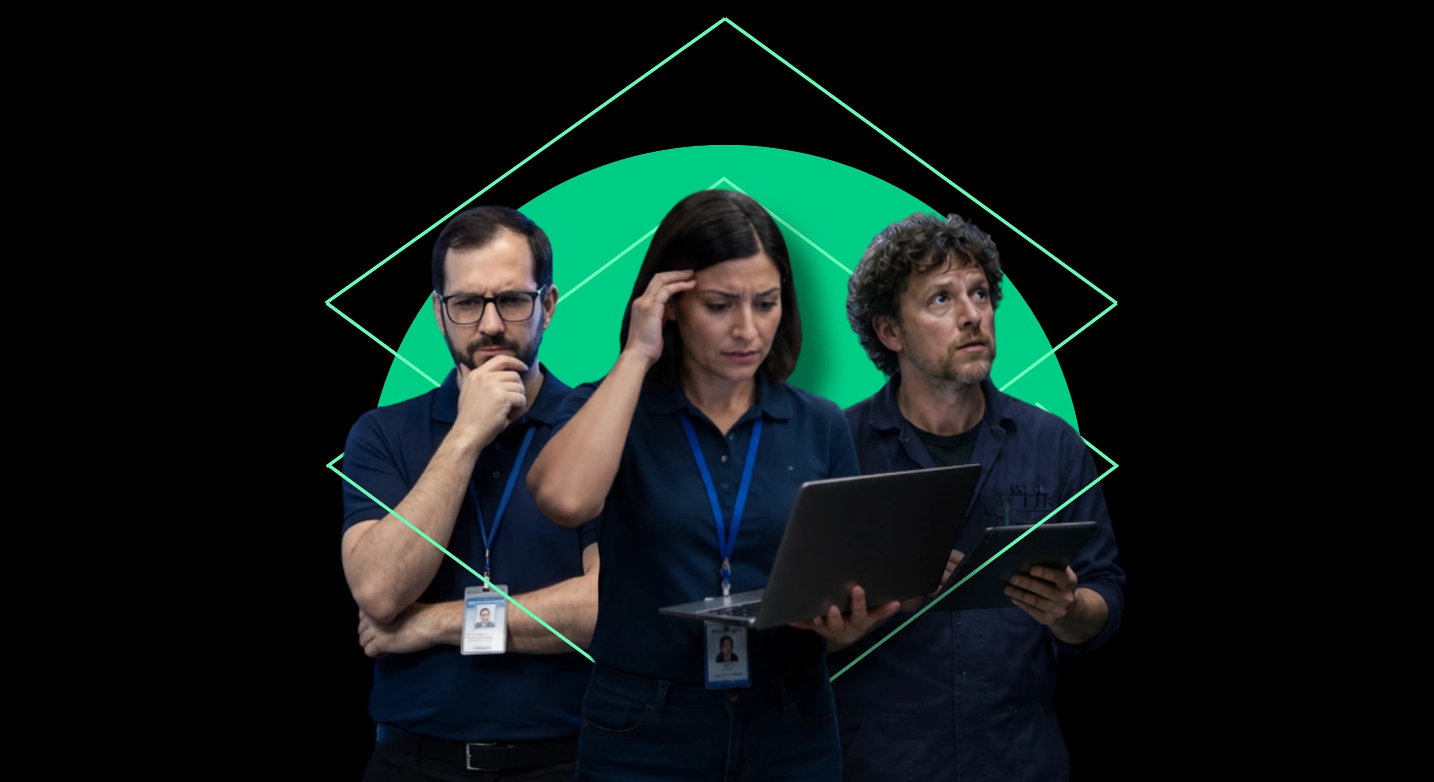 Equipo de operación de infraestructura crítica evaluando información en laptop y tablet