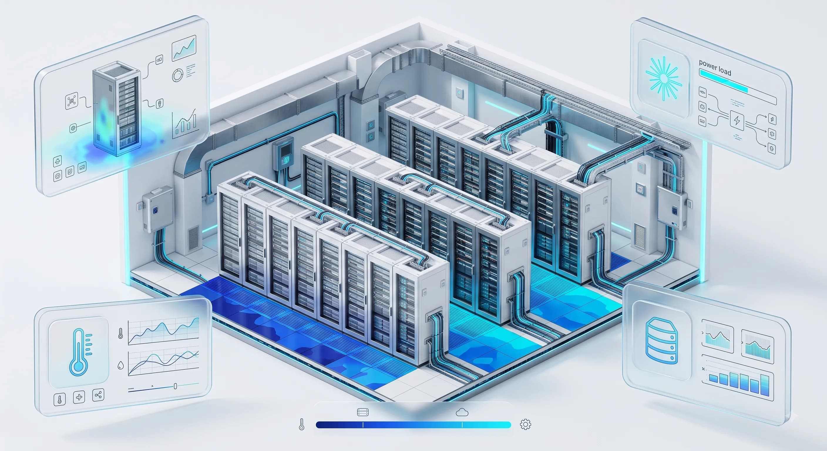 Vista 3D del piso blanco de un data center colocation con densidad por gabinete, mapa térmico en el suelo, rutas de potencia y paneles de carga eléctrica y temperatura