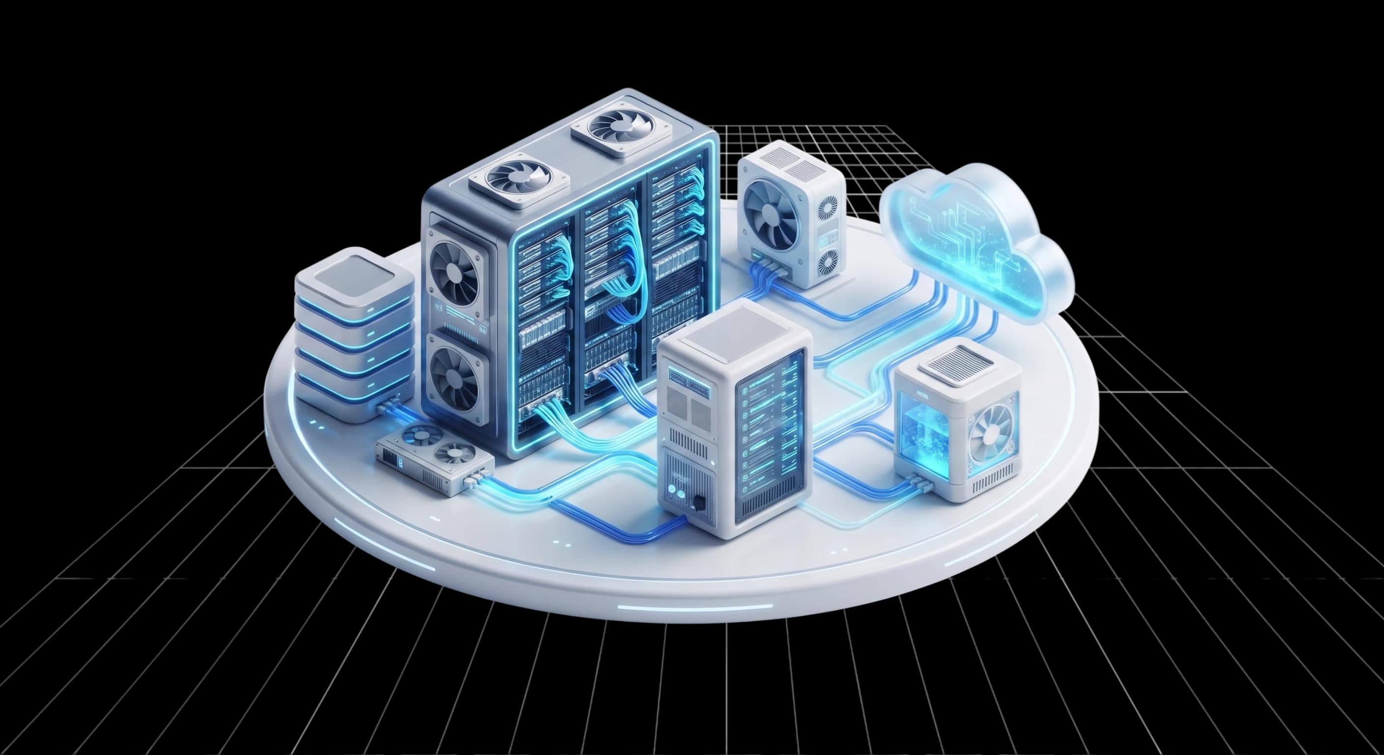 Ilustración isométrica de infraestructura de colocation multi-tenant con gabinetes, cooling y equipos conectados a un núcleo de inteligencia en la nube