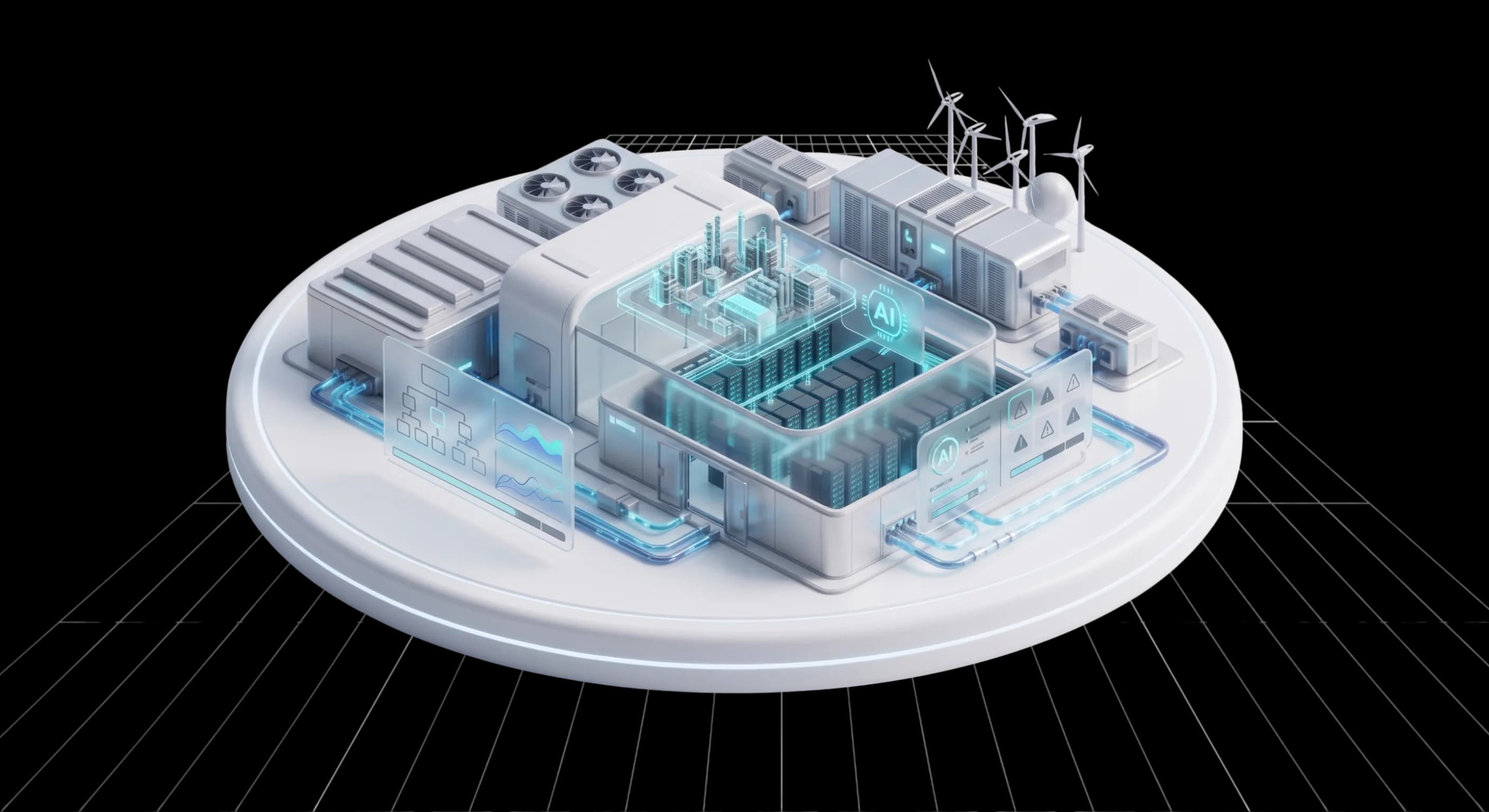 Ilustración isométrica de un campus de hiperescala con energía renovable, salas de alta densidad y telemetría conectada a un núcleo de inteligencia Coolbit AI